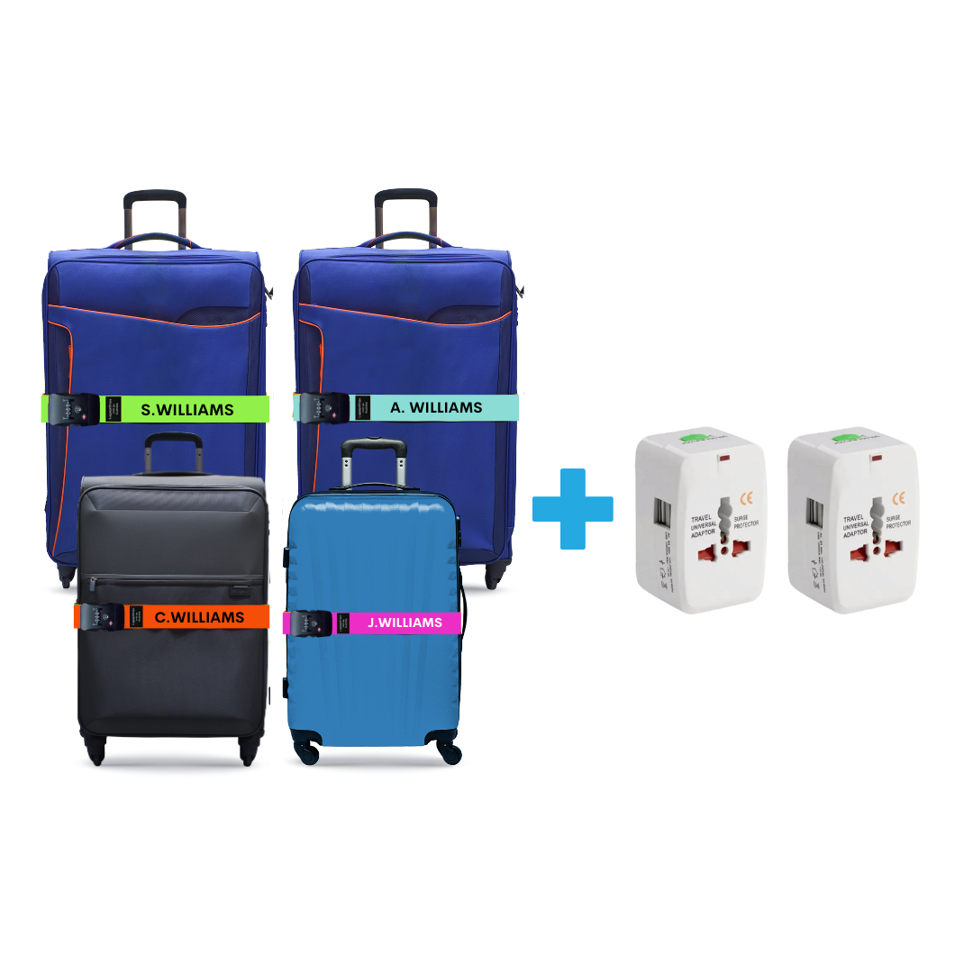 Family Travel Kit: Personalized Luggage Straps & Universal Adaptors ...